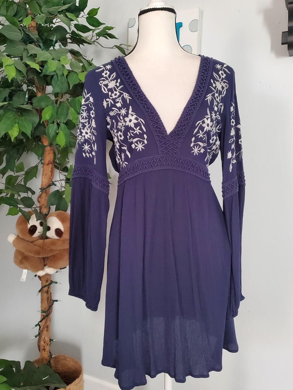 FRANCESCA'S BLUE RAIN Embroidered Deep V Gauzy Semi Sheer Elastic Waist Dress S
